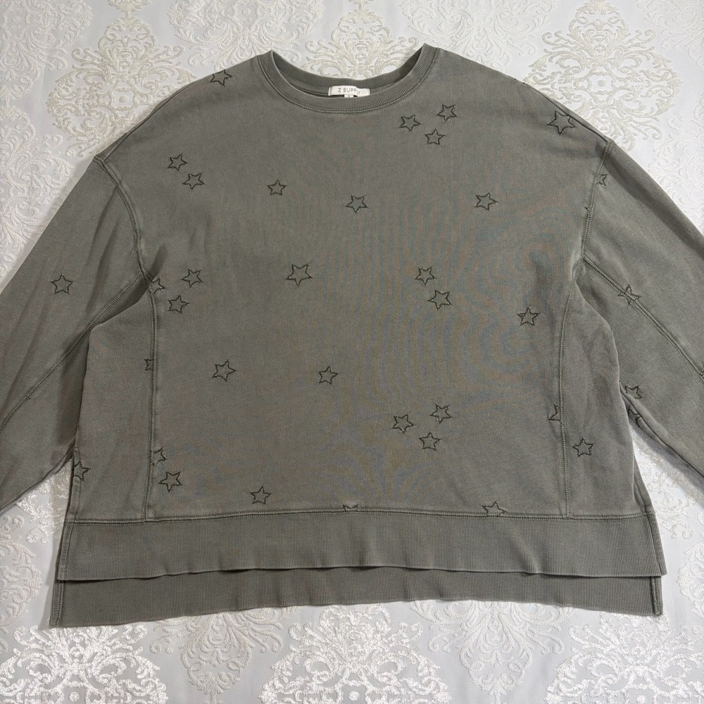 Z Supply Star Embroidered Crewneck Sweatshirt Sage Green Size Small - Picture 6 of 8